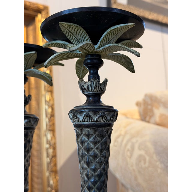 Hollywood Regency Vintage Cast Iron Palm Tree Candle Holders-a Pair For Sale - Image 3 of 3