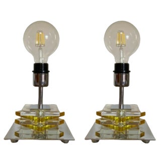 Bedside Table Lamps in Chromed Brass and Lead Crystal Cubes, 2000s, Set of 2 For Sale