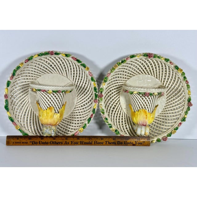Italian Porcelain Wall Pocket Pair: Woven Basketweave Floral Sconces For Sale - Image 9 of 10