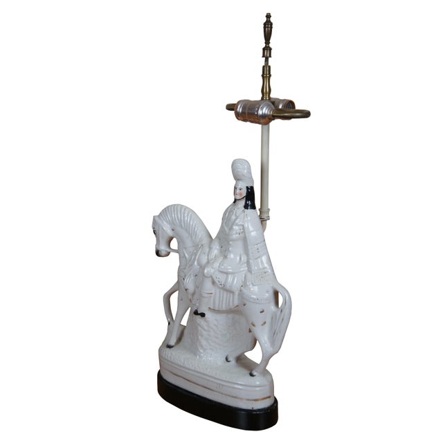Antique 19th century Staffordshire porcelain flatback equestrian hunt figurine, converted into a two light table lamp,...