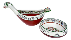 Norwegian Folk Art Drinking Bowl and Viking Dragon Boat-Shaped Ale Bowl with Hand-Painted Decor from Porsgrund Porcelain, 1930s, Set of 2