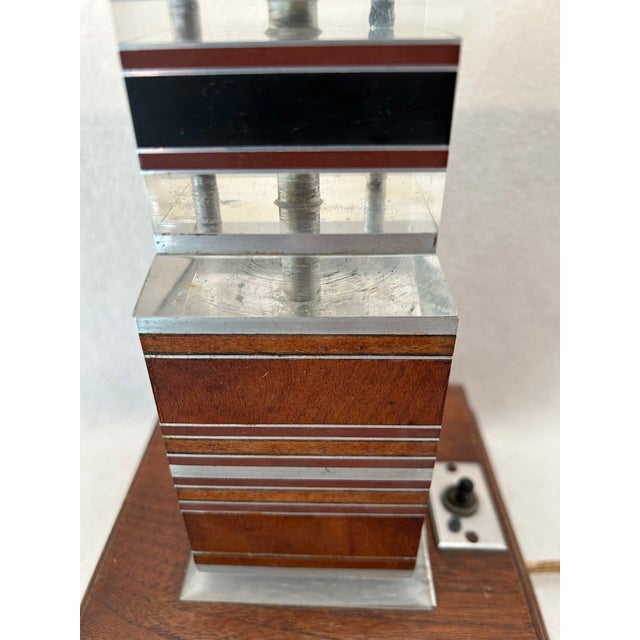 Mid 20th Century Mid Century Modern Stacked Lucite Acrylic Ebony Mahogany Aluminum Teak Skyscraper Table Lamp For Sale - Image 4 of 13
