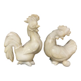 Mid Century Italian Alabaster Black Marble Bookends Chicken Statues- Rooster & Hen For Sale