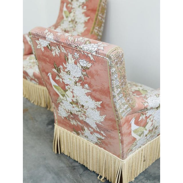 Upholstered Slipper Lounge Chairs Depicting Pheasants and Peon, Set of 2 For Sale - Image 4 of 13