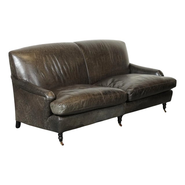 Exquisite Howard Style Heritage Grey Leather Sofa For Sale