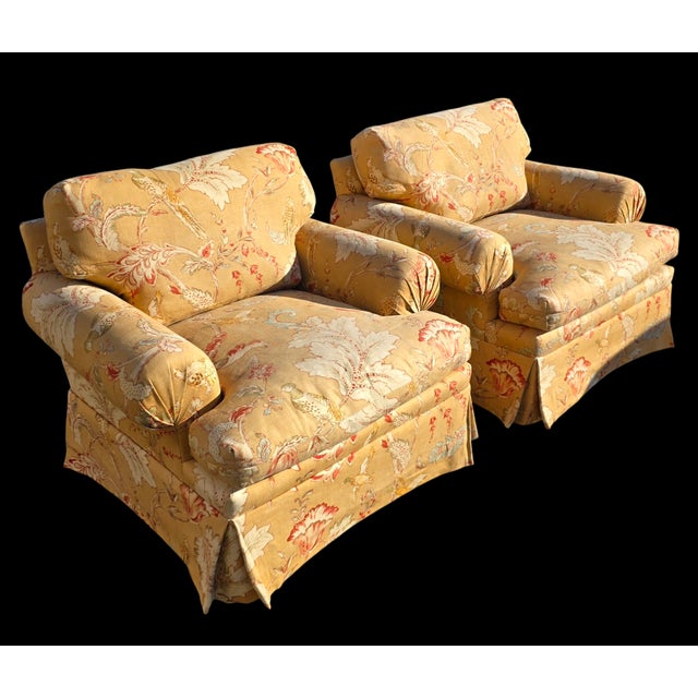 Pair of English Roll Arm Club Chairs in Mulberry Early Birds Sand Fabric With Skirted Bases, Late 20th Century For Sale - Image 4 of 9