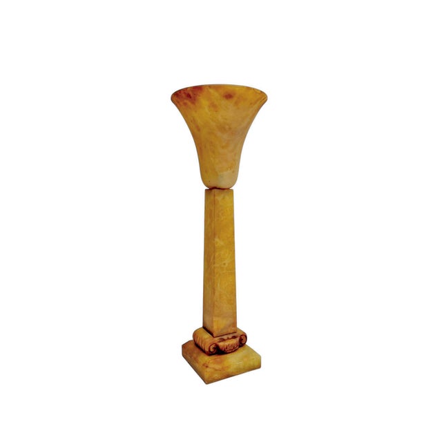 A very stylish brown alabaster table lamp with a chalice and a column featuring an Ionic capital. It is made by Alabastros...