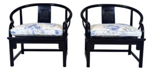 Solid Ebony Chinoiserie Accent Lounge Chairs