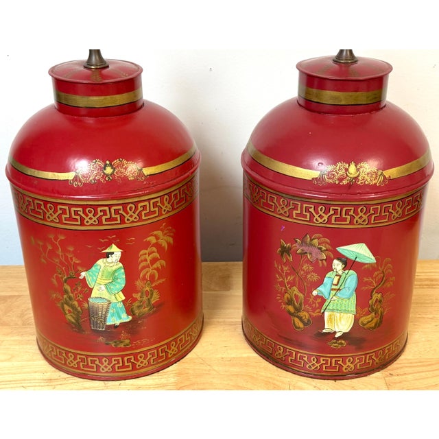 Metal Pair English Chinoiserie Red Tole & Gilt Painted Tea Caddy Lamps, 20th Century For Sale - Image 7 of 14