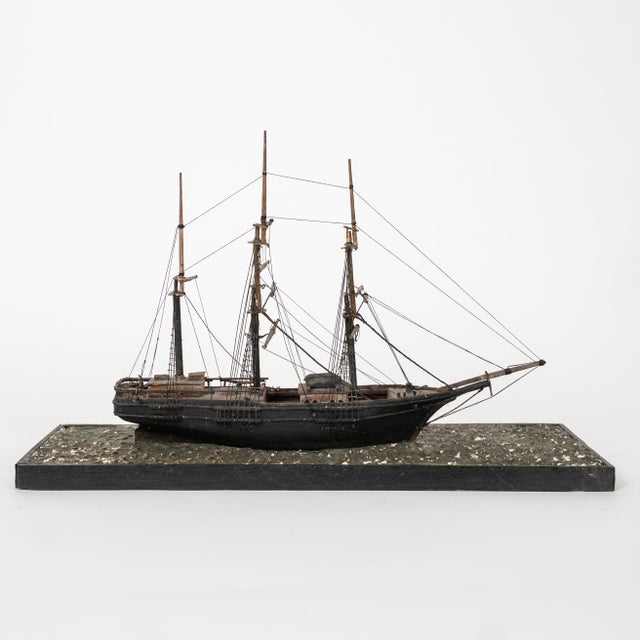 Antique Three-Masted Schooner Ship Model in Glass Case For Sale - Image 4 of 18