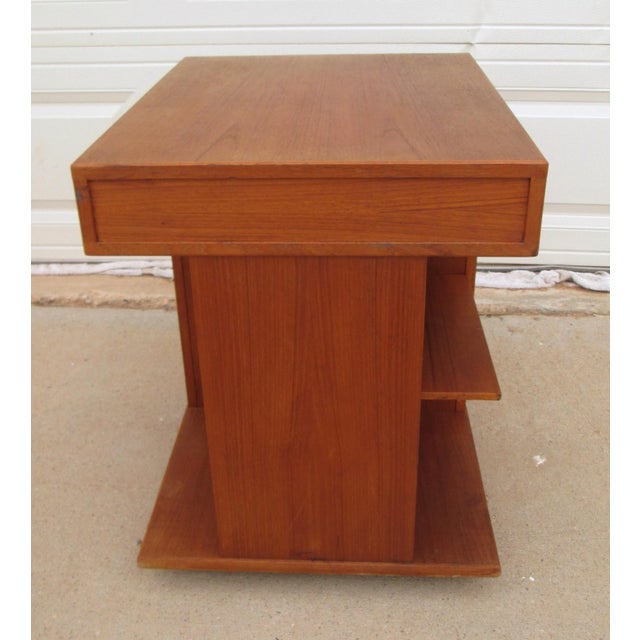 Danish Modern Teak Side End Table With Drawer Shelves Casters For Sale - Image 6 of 12