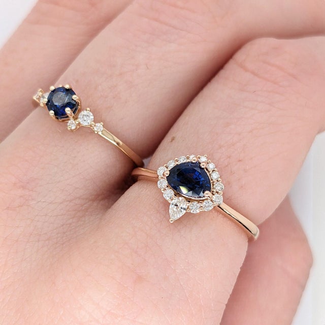 Trillion 6x4.5mm Ceylon Sapphire Ring W Earth Mined Diamonds in Solid 14k Gold, Size 6.75 For Sale - Image 12 of 12