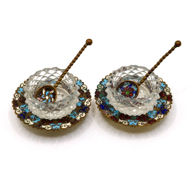 19th Century French Champlevé Enamel & Cut Glass Open a pair of Salt Cellars With Spoons - 4 pcs For Sale