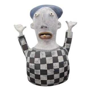 Whimsical Kim Murton Animated Figural Checkerboard Pottery Sculpture For Sale