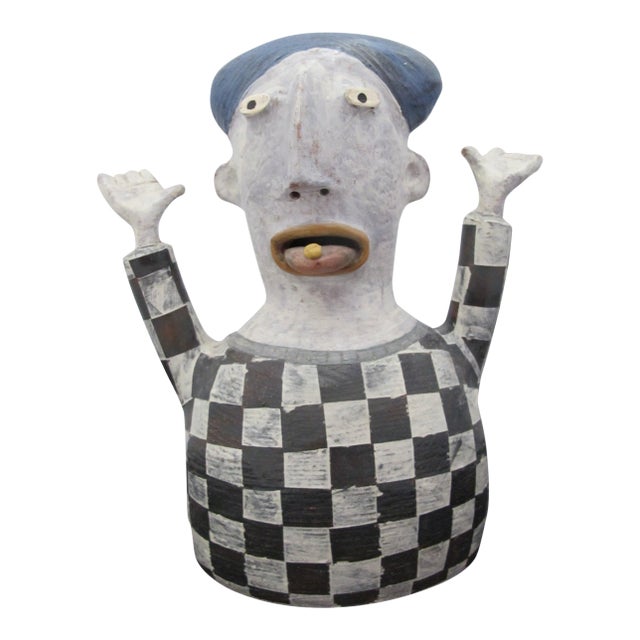 Whimsical Kim Murton Animated Figural Checkerboard Pottery Sculpture For Sale