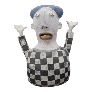 Whimsical Kim Murton Animated Figural Checkerboard Pottery Sculpture