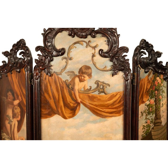Brown Antique French Rococo Oil Canvas Walnut Painting Landscape Cherubs Screen 1870 For Sale - Image 8 of 18