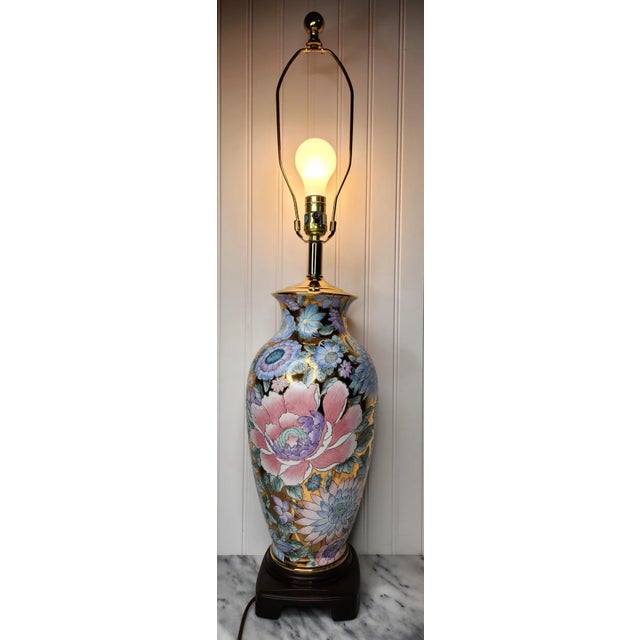Chinoiserie Vintage Chinoiserie Mille-Fleurs Gold Porcelain Table Lamp, Large 32” Statement Floral Lamp For Sale - Image 3 of 16