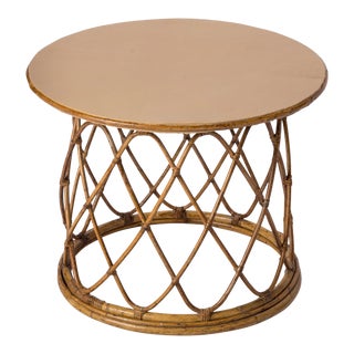 1960s Sognot Style Braided Rattan & Light Brown Leather Top Side Table, France For Sale