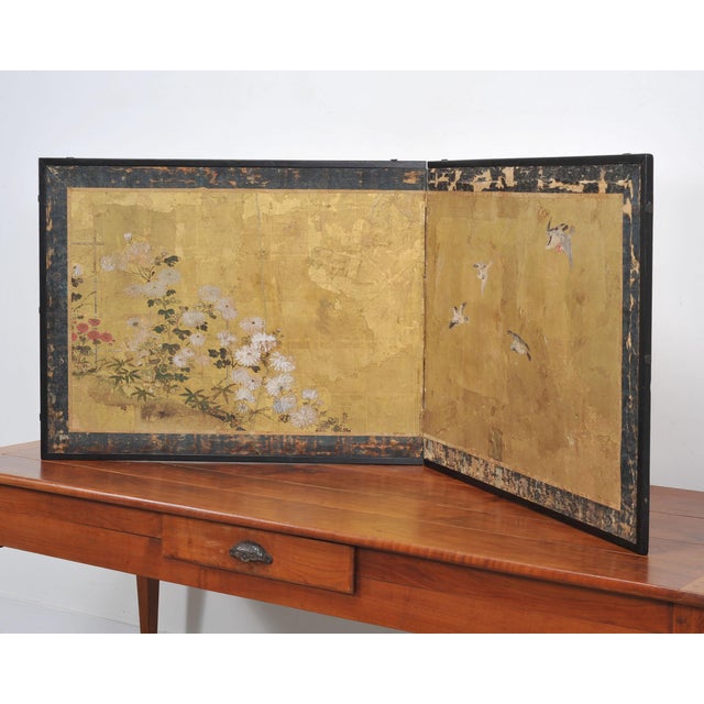 Japanese Edo Two-Panel Gilt Screen Birds Chrysanthemums 6 Ft For Sale In Sacramento - Image 6 of 18