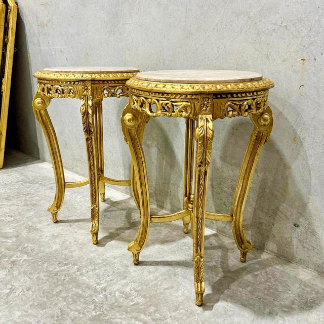French Style Side Table Set of 2 – Beige Marble Topped With Gold Leaf Details For Sale In Miami - Image 6 of 7