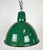 Industrial green enamel pendant light made by Polam Wilkasy in Poland during the 1960s. White enamel inside the shade....