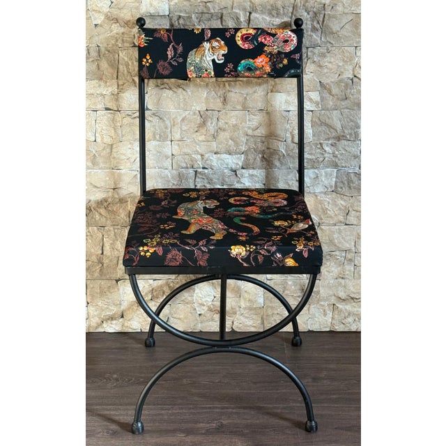 New Pair of Chairs in Wrought Iron with Silinog Fabric by Etro in Back and Seat For Sale In Miami - Image 6 of 18