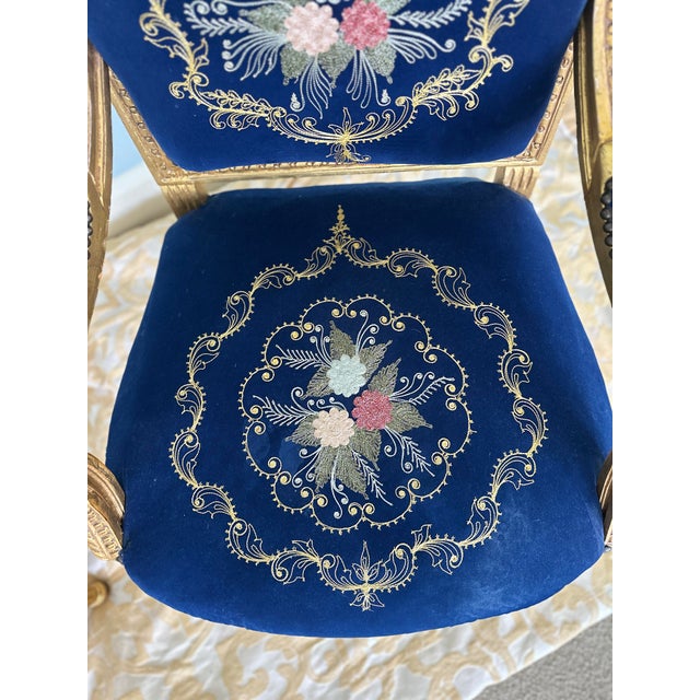 Wood Mid 20th Century French Louis XVI Style Giltwood & Navy Embroidered Velvet Fauteuils- Pair For Sale - Image 7 of 18