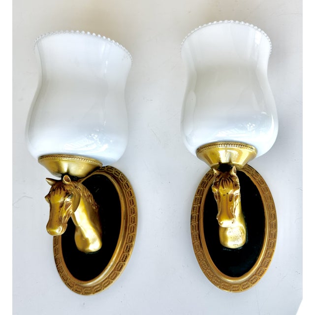 1960s 1950s French Neoclassical Brass Horse Sconces Opaline Shades by Maison Lancel For Sale - Image 5 of 15