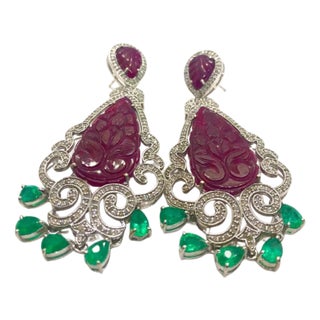 Bochic “Capri” Vintage Emerald, Ruby & Diamond Earrings Set In 18K Gold & Silv For Sale