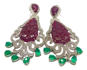 Bochic “Capri” Vintage Emerald, Ruby & Diamond Earrings Set In 18K Gold & Silv