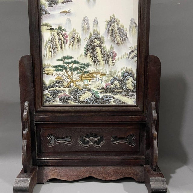 Large Vintage Hardwood Table Screen, Painted Porcelain Jiangnan Scene For Sale - Image 4 of 10
