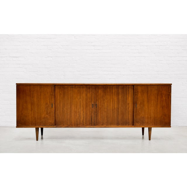 Extra Long Mid Century Modern Tambour Door Garrard Cabinet | Walnut Credenza Sideboard, C. 1960’s For Sale - Image 4 of 13
