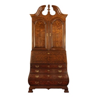 1980s Heritage Heirloom Chippendale Style Burled Walnut Bombe Secretary Desk Bookcase For Sale
