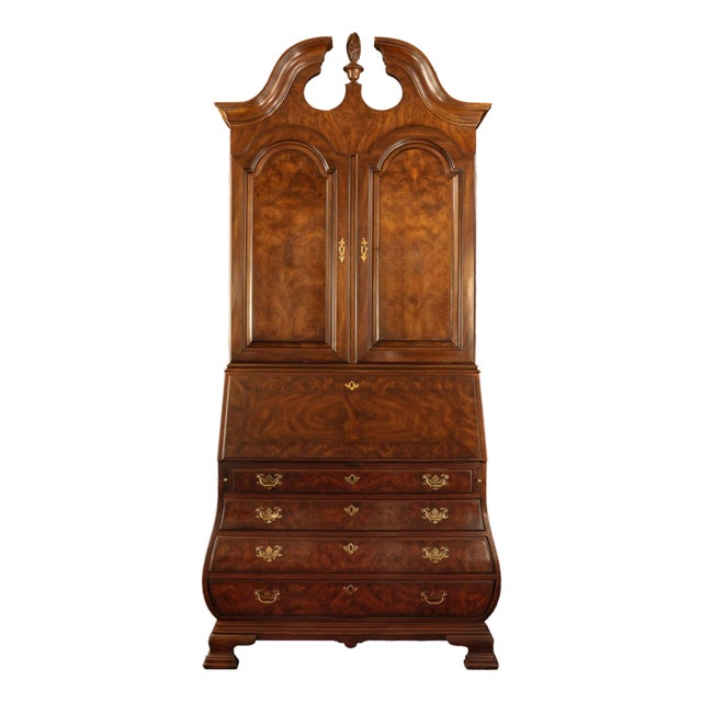 1980s Heritage Heirloom Chippendale Style Burled Walnut Bombe Secretary Desk Bookcase For Sale