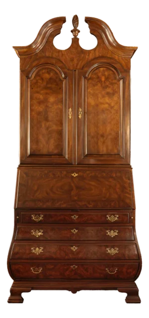 1980s Heritage Heirloom Chippendale Style Burled Walnut Bombe Secretary Desk Bookcase