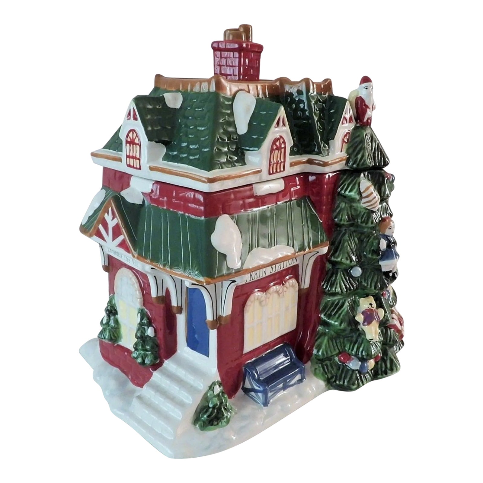 2002 Spode Christmas Tree Village Train Station Figural Cookie Jar, Nib