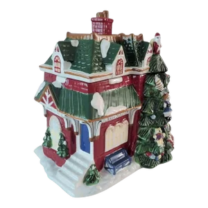 2002 Spode Christmas Tree Village Train Station Figural Cookie Jar, Nib
