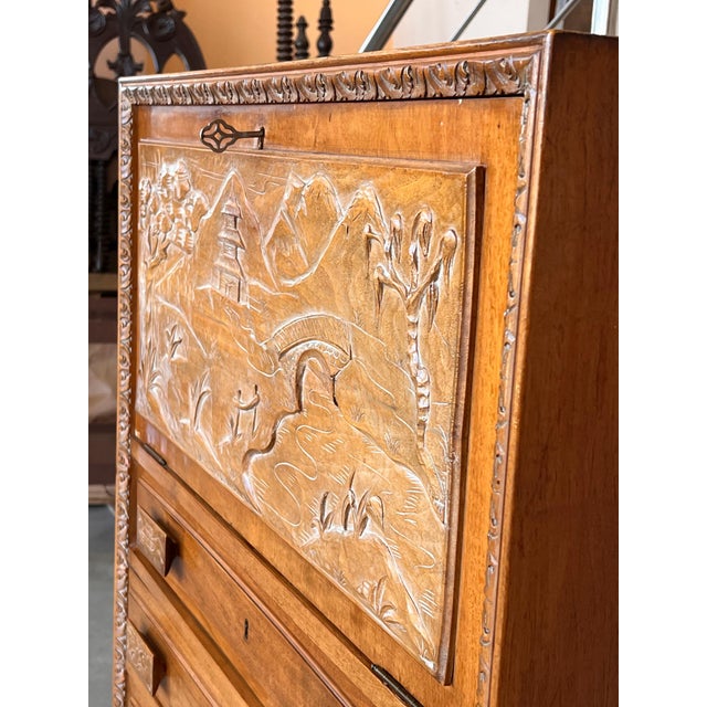 Wood Spanish Fall-Front Secretary Desk in Carved Oak, Spain, circa 1950 For Sale - Image 7 of 18