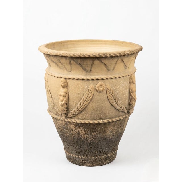 Neoclassical Vintage Italian Neoclassical Style Terracotta Garden Planter With Caryatid Reliefs For Sale - Image 3 of 12