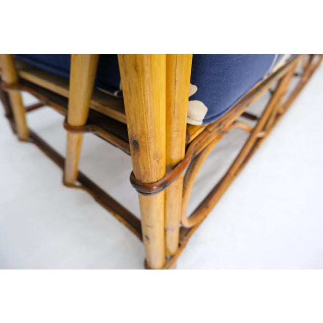 Art Deco Split Reed Wicker Rattan Bamboo 3 Seater Sofa Blue & White Cushions For Sale - Image 3 of 13