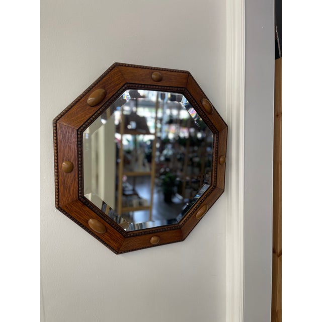 Brown Antique Arts and Crafts Octagonal Beveled Mirror With Carved Oak Frame and Decorative Wood Peg Inlays For Sale - Image 8 of 8