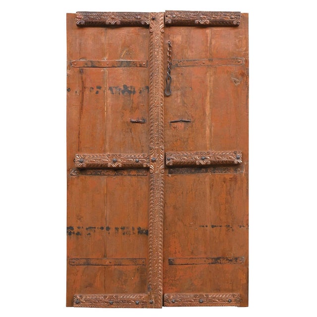 Far Pavilions Vintage Handmade Rustic Farmhouse Style Teak Wood Carved Door With Nailheads For Sale - Image 4 of 4