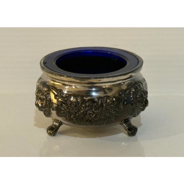Vintage Silverplate & Cobalt Glass Footed Salt Cellar / Decorative Vanity Bowl For Sale In Phoenix - Image 6 of 12