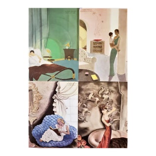 1934 Rare Set of 4-French Art Deco Lithographs-Women at Home, Matted For Sale