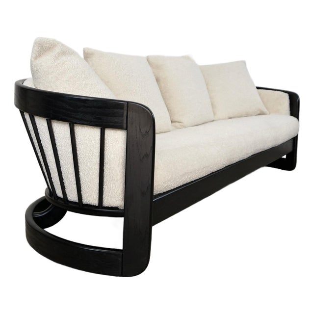 1970’s Mid-Century Modern Solid Oak Spindle Back Barrel Lounge Sofa by Howard Furniture For Sale