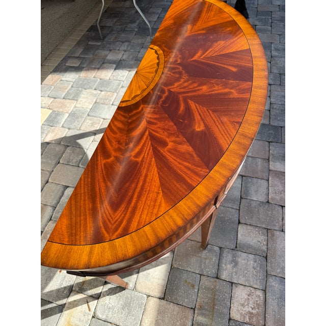 Ethan Allen Hepplewhite Style Inlaid Mahogany Demilune Console Table For Sale In Tampa - Image 6 of 15