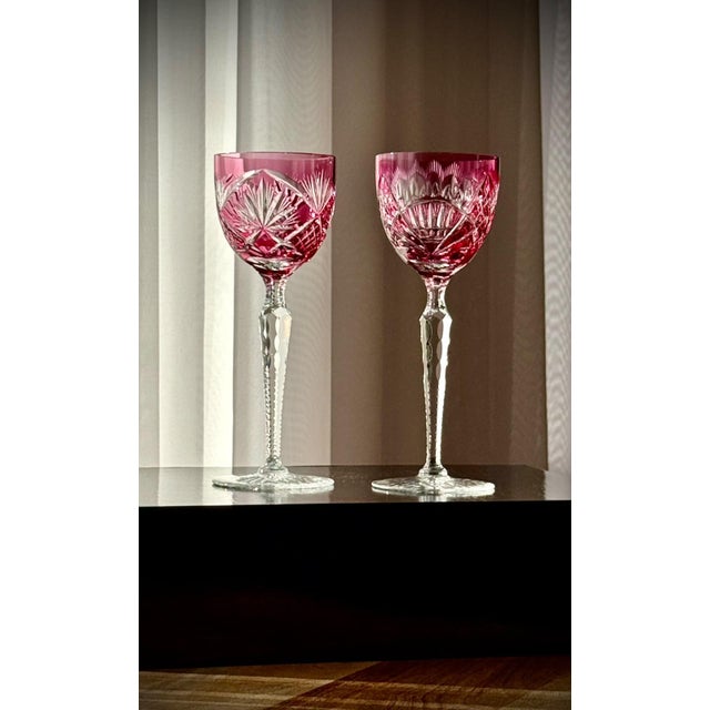 Ruby Cut Crystal Hock Glasses with Peacock and Starburst Cutting, 1950, Set of 6 For Sale - Image 11 of 18