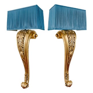 Mid 20th Century French Grand Scale Parisian Giltwood Corbel Sconces With Blue Pleated Silk Shades - a Pair For Sale