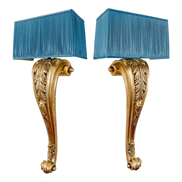 Mid 20th Century French Grand Scale Parisian Giltwood Corbel Sconces With Blue Pleated Silk Shades - a Pair For Sale